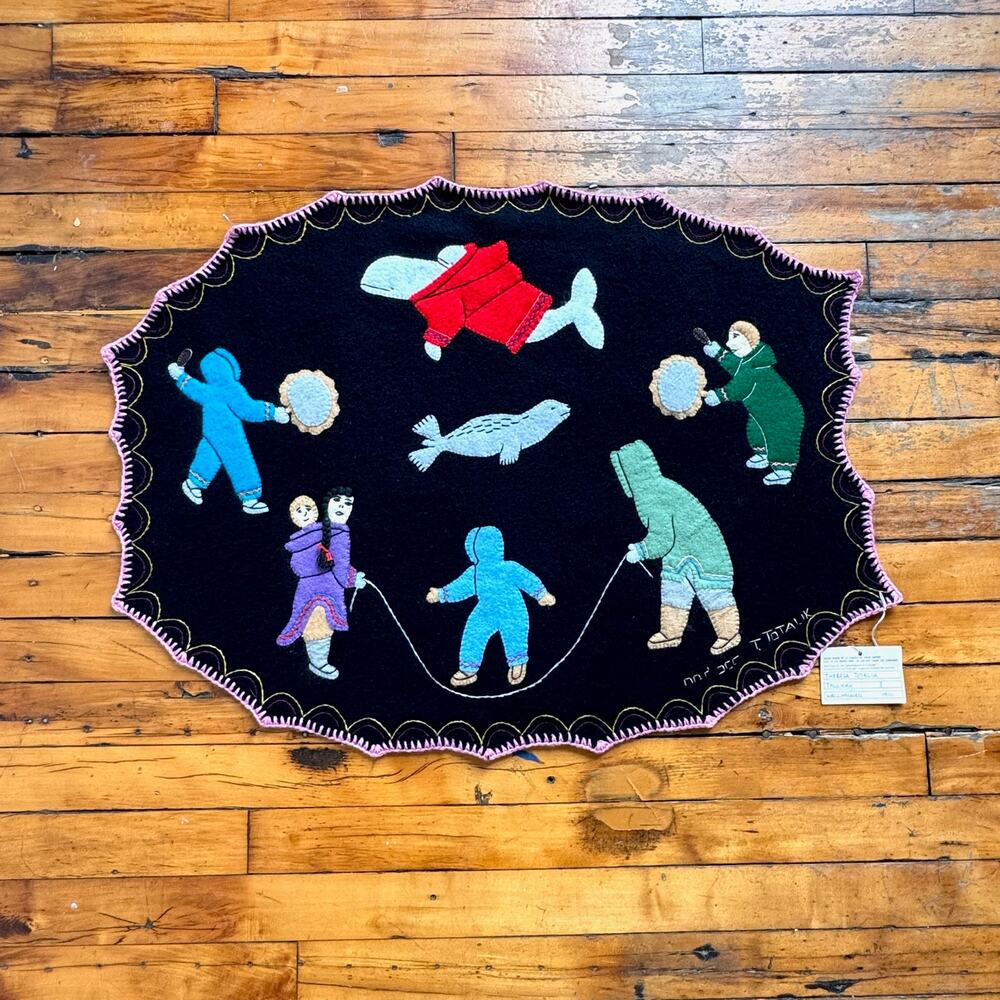 Vintage Inuit Felted Wool Playful Embroidered Wall Hanging by Theresa Totalik
